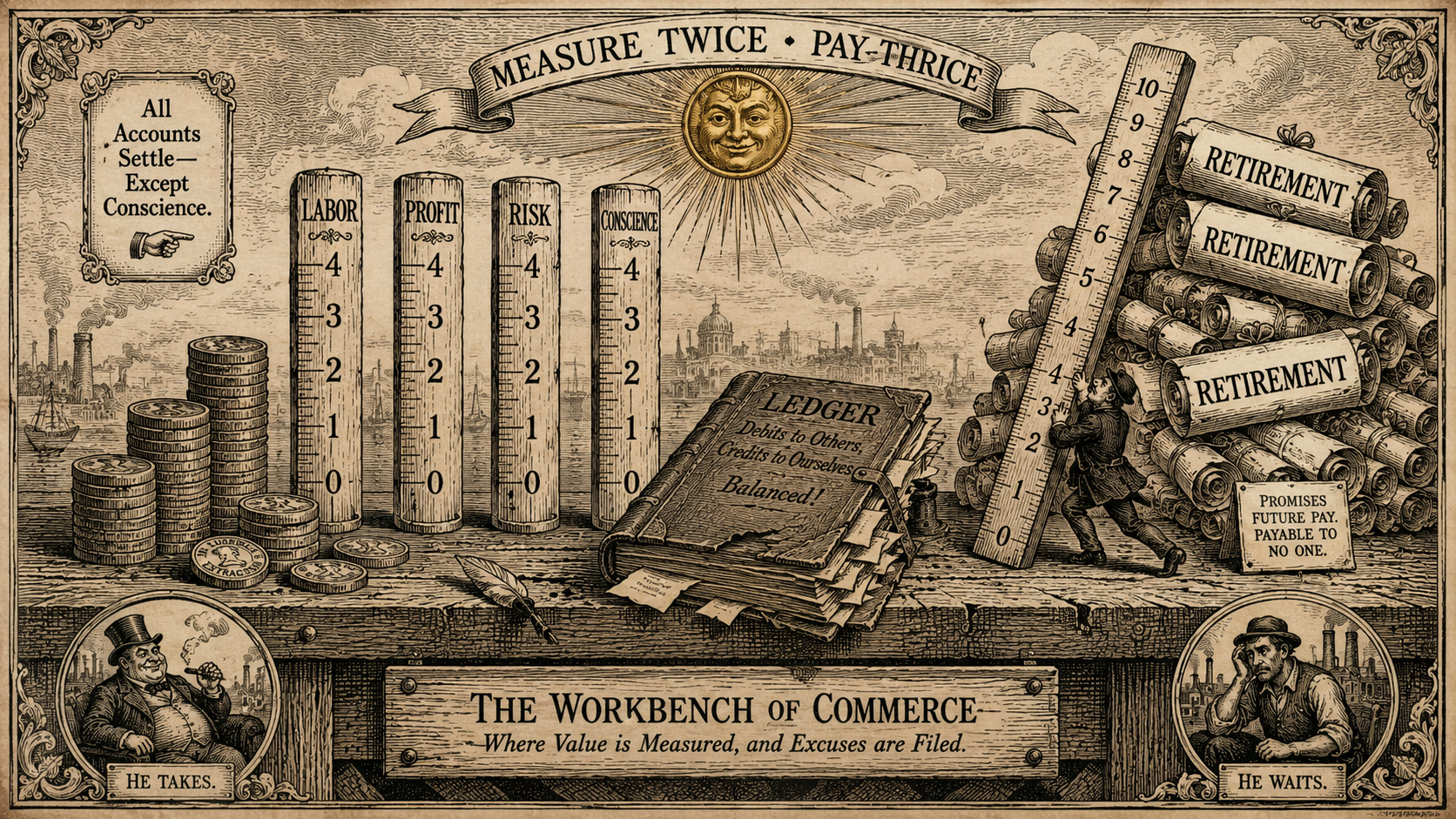 19th-century almanac woodcut of measuring rods, coin stacks, a crooked ledger, and a tiny clerk balancing retirement scrolls.
