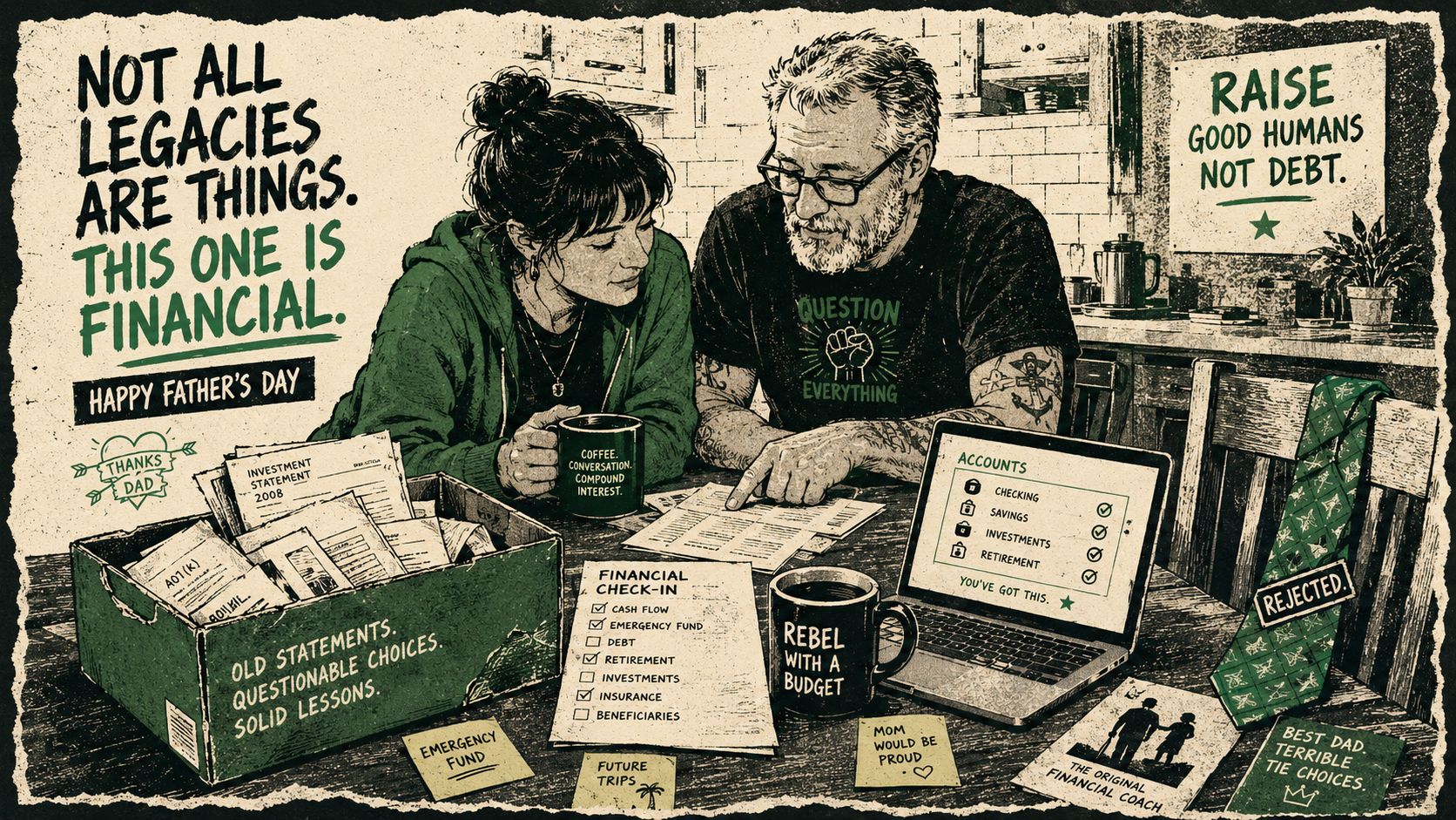 Punk screen-print Father’s Day finance image of an adult child and dad reviewing accounts at a kitchen table with coffee, old statements, laptop, and rejected tie.