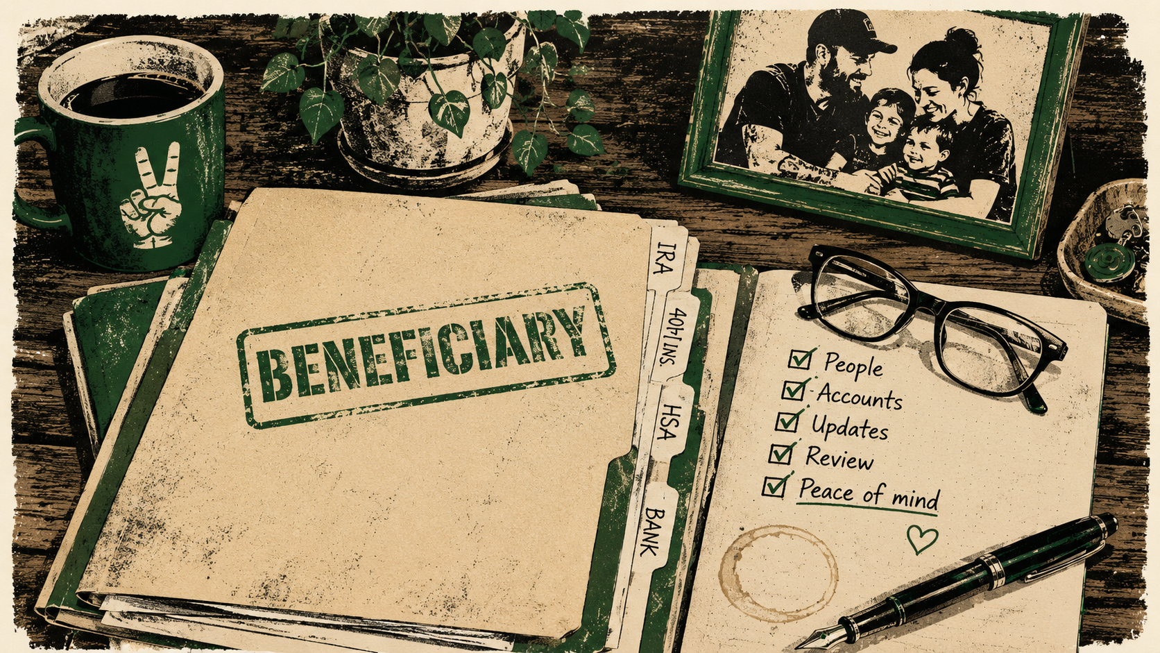 Punk screen-print Father’s Day finance image of beneficiary folders, green checklist, reading glasses, coffee ring, fountain pen, and framed family photo.