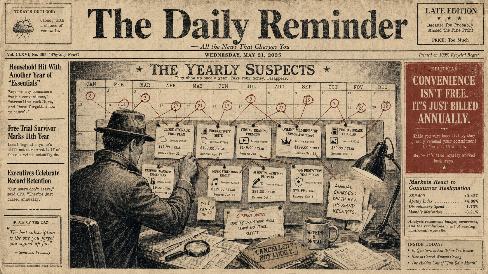 Vintage newspaper illustration of a detective tracking annual subscription renewal dates on a wall calendar with invoices for memberships and software