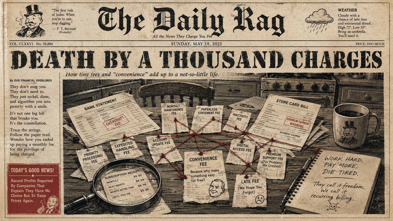 Vintage newspaper illustration of bank statements, store-card bills, and subscription receipts investigated as sneaky household budget charges