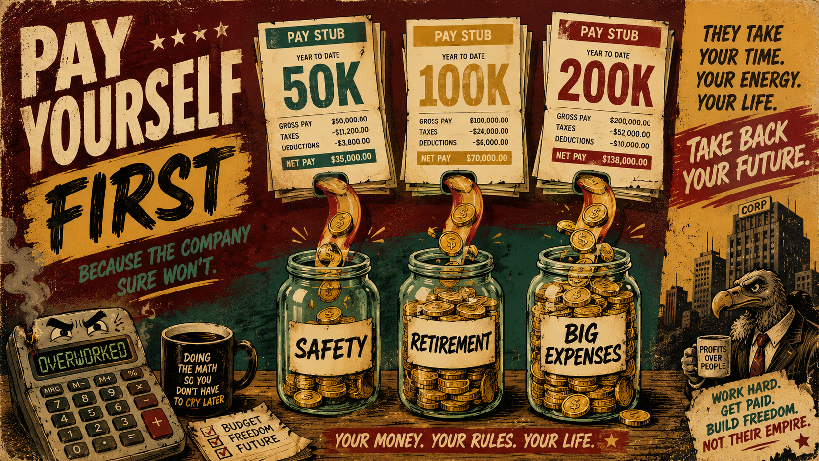Retro pay yourself first poster with 50K, 100K, and 200K pay stubs feeding coins into Safety, Retirement, and Big Expenses jars.