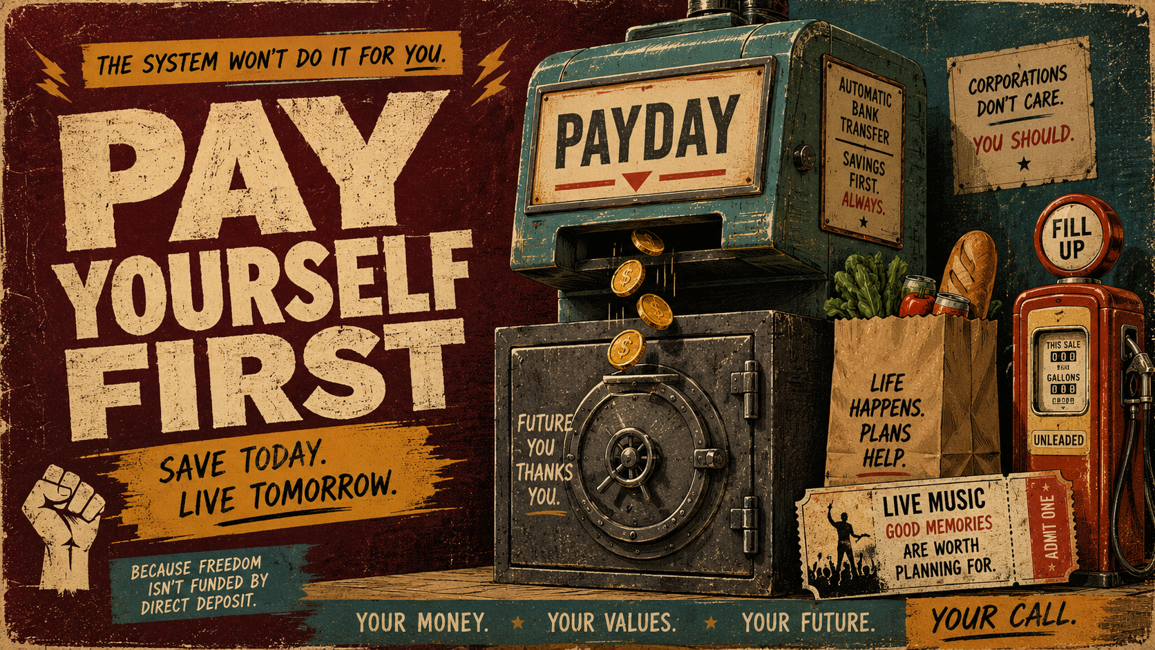 Retro poster showing a PAYDAY bank transfer machine dropping coins into a locked vault while groceries, gas, and concert plans wait nearby.