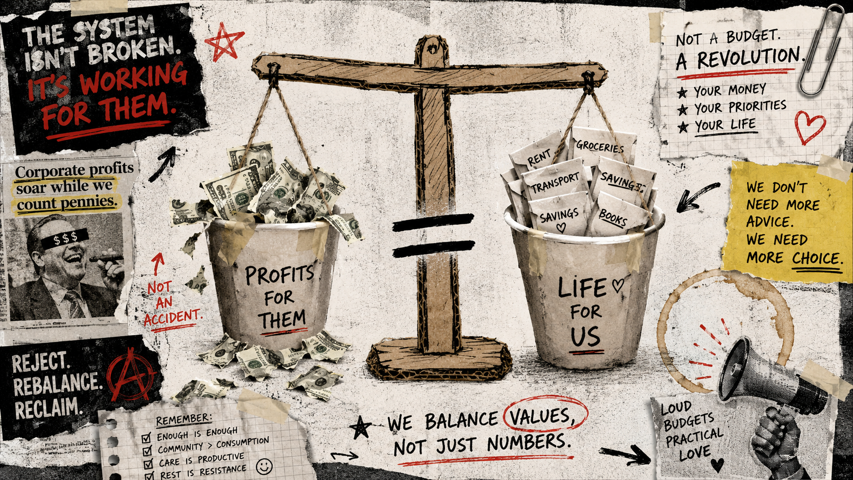 DIY zine collage of a handmade balance scale with cash scraps and budget envelopes, showing personal money priorities in a rebellious anti-corporate style.