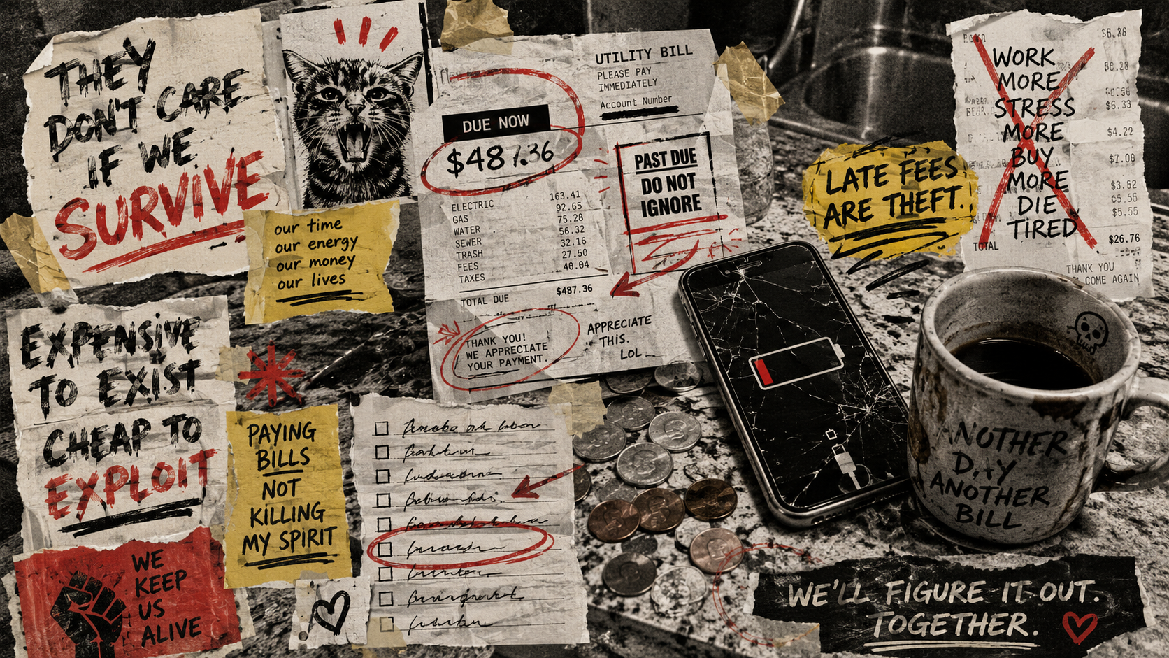 DIY zine collage of a utility bill, cracked low-battery phone, loose coins, coffee mug, and checklist showing everyday money pressure.