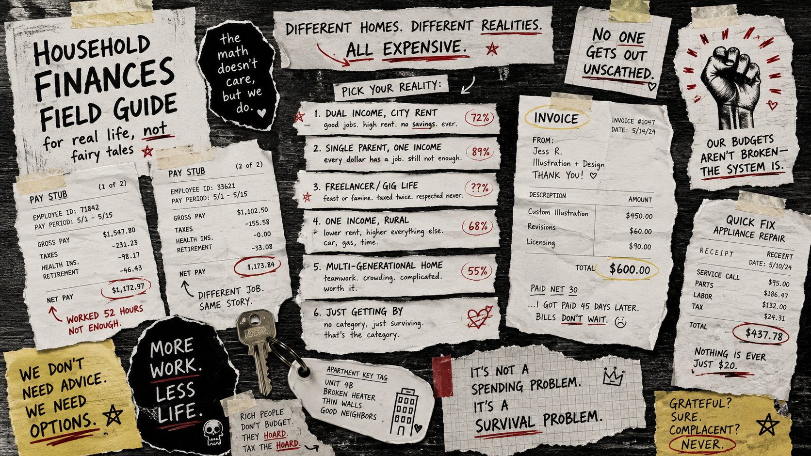 DIY zine collage tabletop with pay stubs, freelance invoice, keys, apartment tag, repair receipt, and torn notes showing chaotic household money realities.