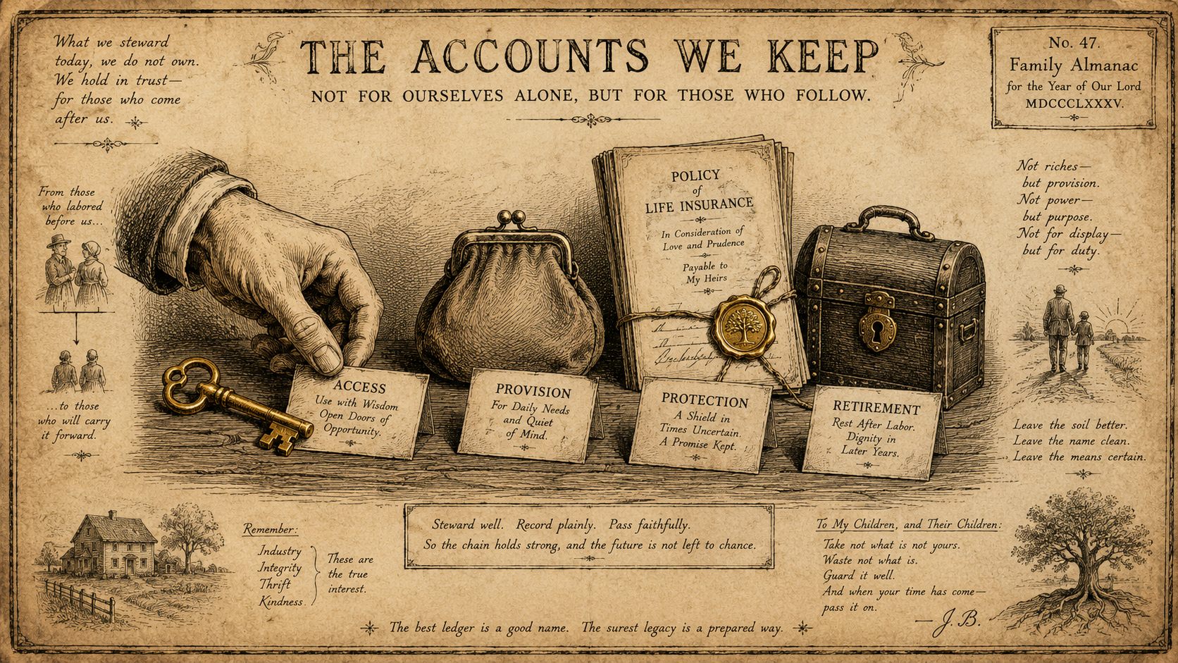 19th-century woodcut illustration of a hand placing name cards beside a key, coin purse, policy document, and retirement chest, with generational notes on aged parchment.
