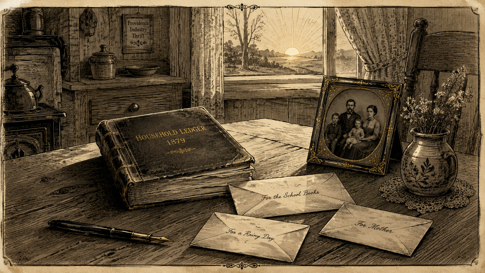 19th-century woodcut of a dawn kitchen table with a household ledger, envelopes, fountain pen, and family photo in sepia and muted gold.
