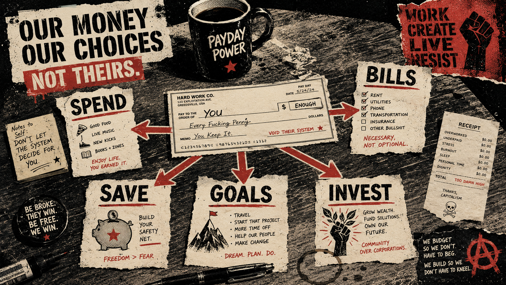 Punk screen-print payday budget scene showing a paycheck split into spend, bills, save, goals, and invest paths on a defiant kitchen table.