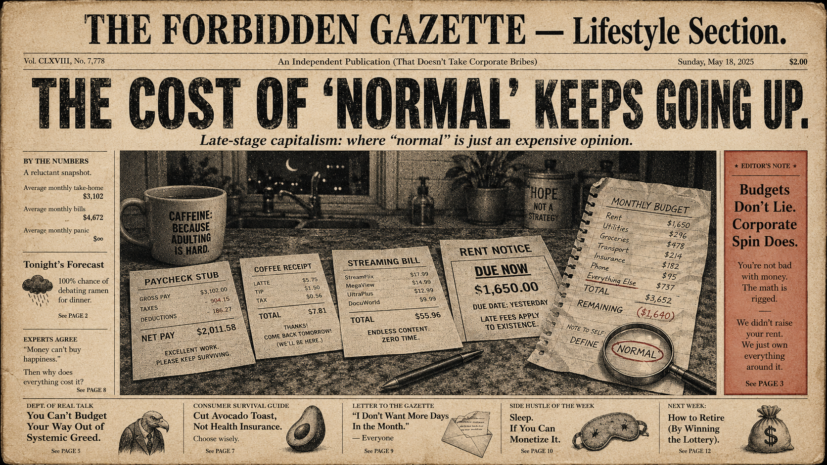 Faded broadsheet illustration of a night kitchen counter with paycheck stub, rent notice, coffee receipt, streaming bill, and “normal” circled.