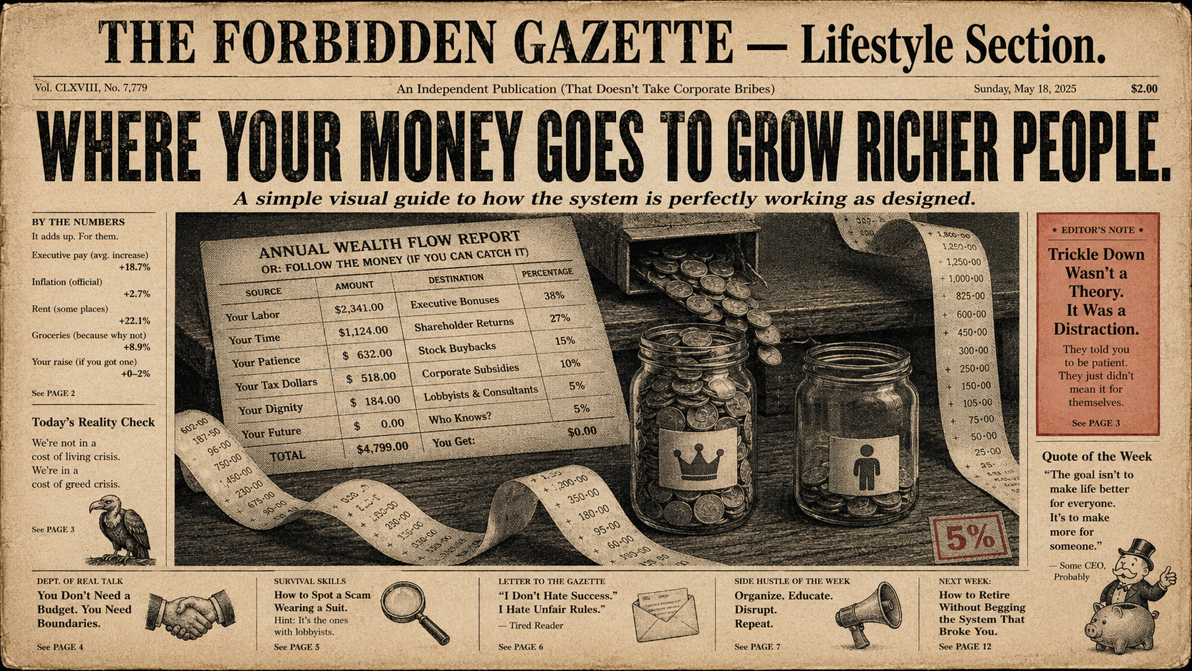 Faded broadsheet illustration of a financial table spilling coins into two jars, one fuller than the other, with curling calculator tape and a red 5% stamp.