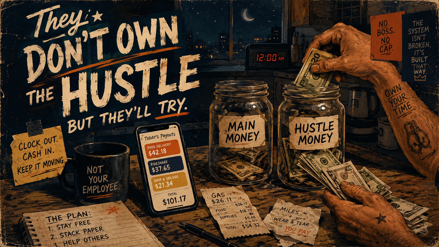Retro poster of late-night gig payouts with tired hands sorting cash into Main Money and Hustle Money jars beside receipts and coffee.