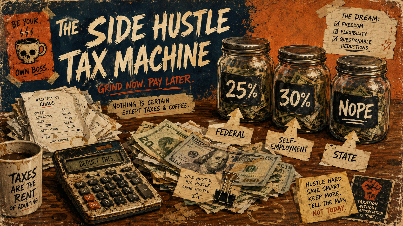 Retro poster of side hustle taxes with a battered calculator, cash pile, receipt stack, and three jars labeled 25%, 30%, and NOPE for federal, self-employment, and state taxes.