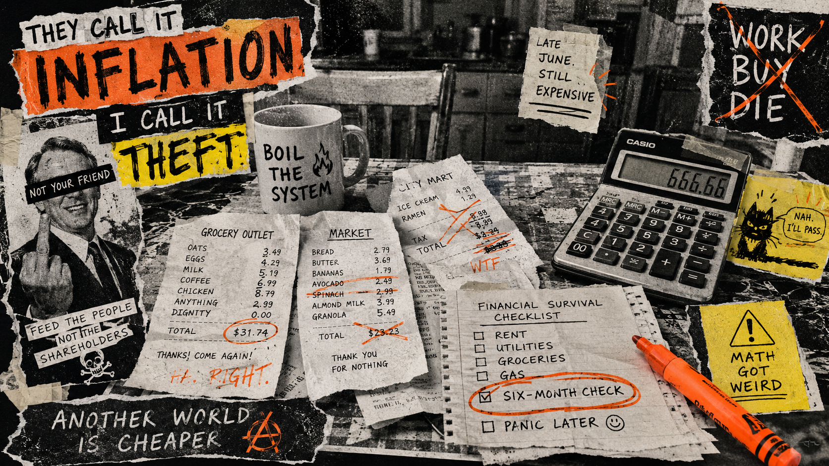 DIY zine collage of a messy June money check with grocery receipts, calculator, orange marker, and warning label reading “MATH GOT WEIRD.”