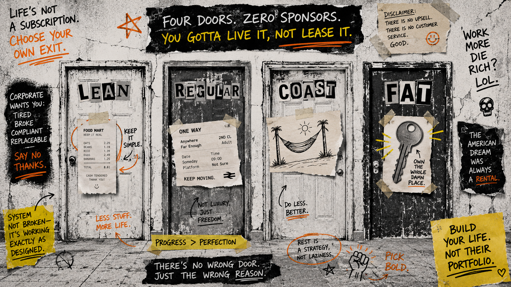 DIY zine collage of four financial independence doors labeled Lean, Regular, Coast and Fat, with a receipt, train ticket, hammock sketch and house key.