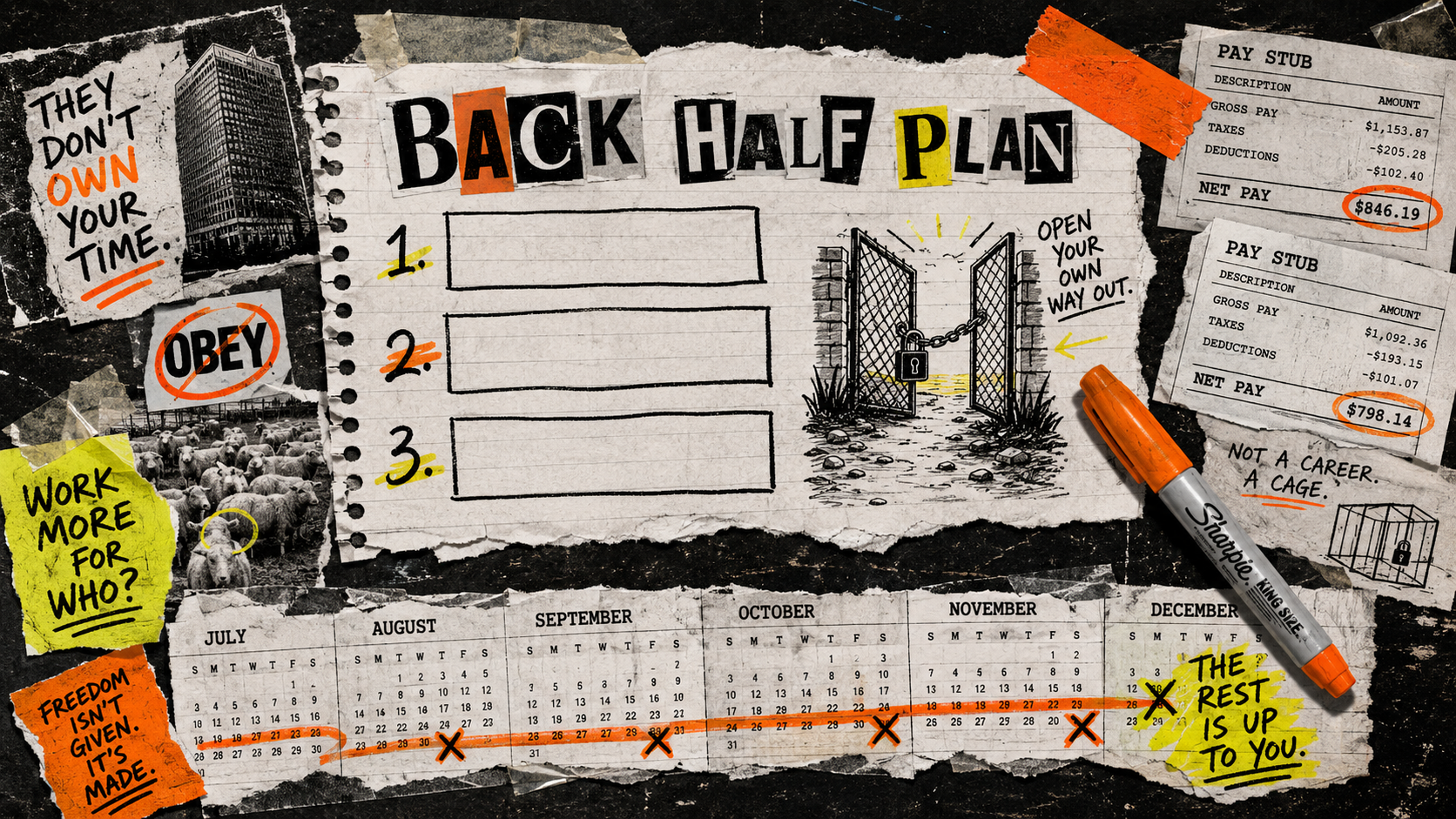 DIY zine collage of a back-half money plan with pay stubs, blank goal boxes, July-to-December calendar strip, orange marker, and an opening gate doodle.