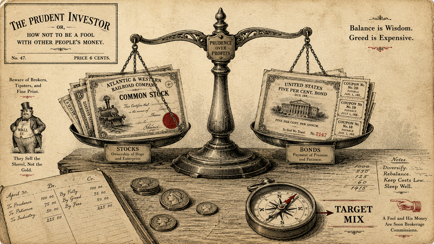 19th-century almanac woodcut of a balance scale weighing stock certificates and bond coupons beside a compass pointing to target mix.