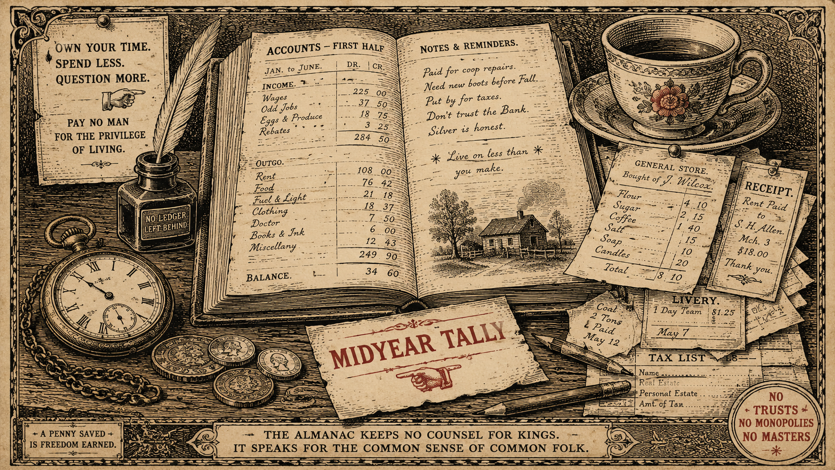 19th-century almanac woodcut of a cluttered midyear money desk with ledger, coins, receipts, pocket watch, tax form, and teacup.