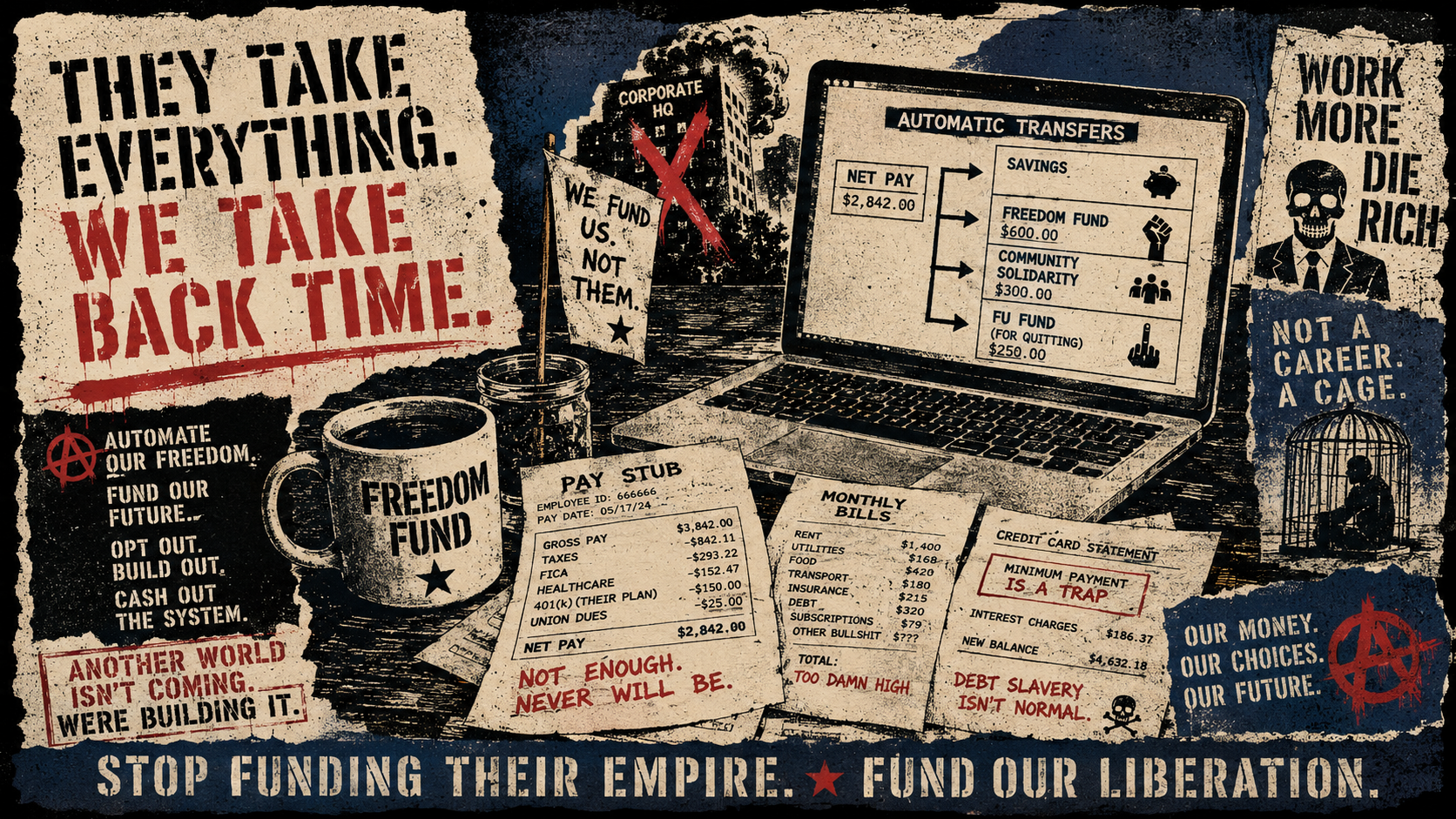 Punk screen-print finance illustration of a kitchen table with pay stubs, automatic transfer laptop, Freedom Fund mug, paper flag, bills, and anti-corporate protest slogans.