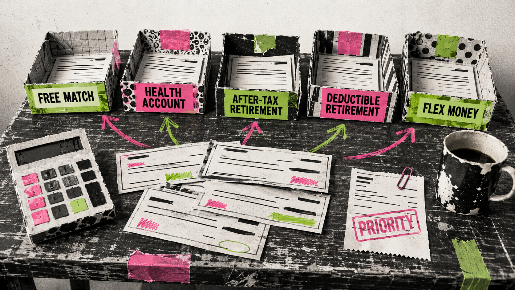 Collage of five patterned paper trays labeled free match, health account, after-tax retirement, deductible retirement, and flex money, with redacted paychecks fanned below and marker arrows routing them into the trays beside a receipt stamped "Priority"