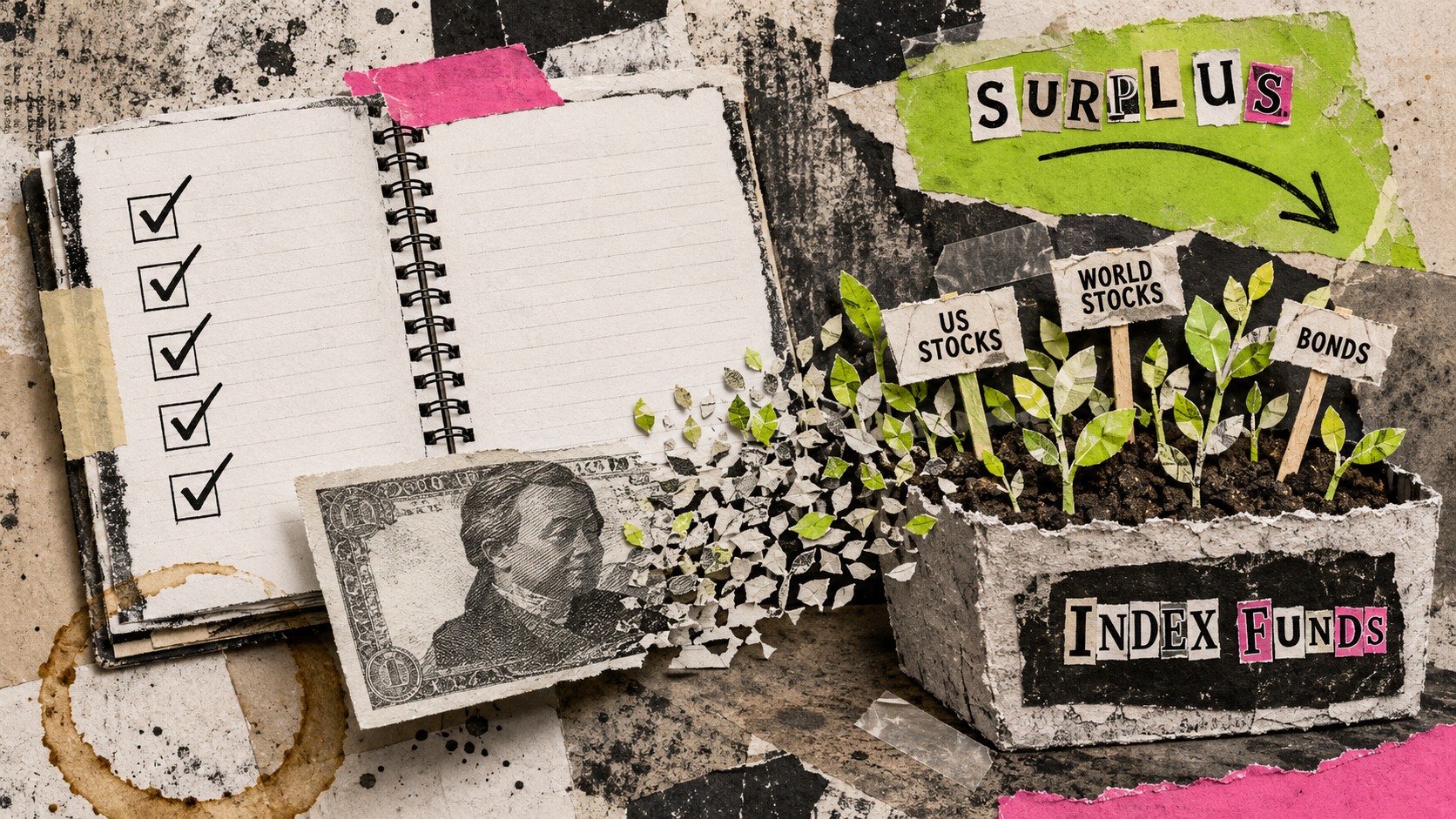 Photocopy-collage of an open checklist notebook and a paper bill dissolving into leaf-shaped seedlings rooted in a planter labeled "Index funds," with plant markers reading US stocks, world stocks, and bonds under a ransom-letter "Surplus" arrow