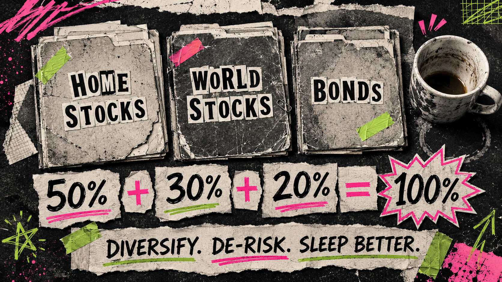 Zine collage of three battered folders labeled home stocks, world stocks, and bonds beside a stained coffee mug, over a torn-paper equation reading 50% + 30% + 20% = 100% with the total in a pink starburst, above a strip reading "Diversify. De-risk. Sleep better."
