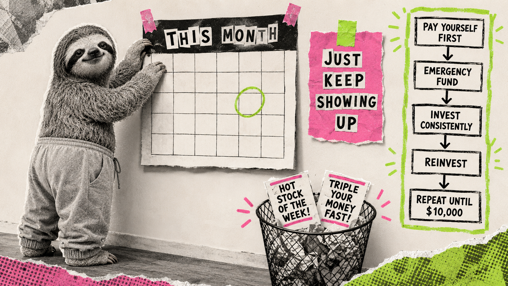 Photocopied sloth in sweatpants pinning a blank "This month" wall calendar with one day circled, next to a pink note reading "Just keep showing up" and a five-step flowchart from "Pay yourself first" to "Repeat until $10,000," with hype flyers in the wastebasket
