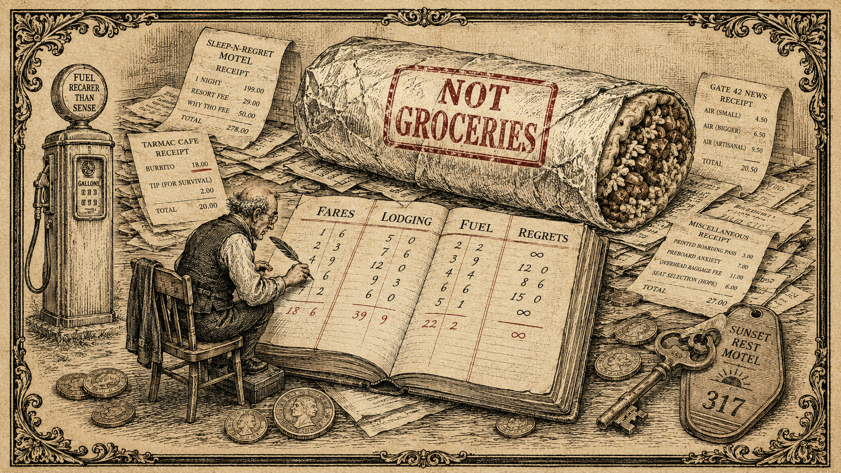 Engraved scene of a giant foil-wrapped burrito stamped "Not Groceries" atop an expense ledger with columns for fares, lodging, fuel, and regrets, the regrets column tallied with infinity symbols