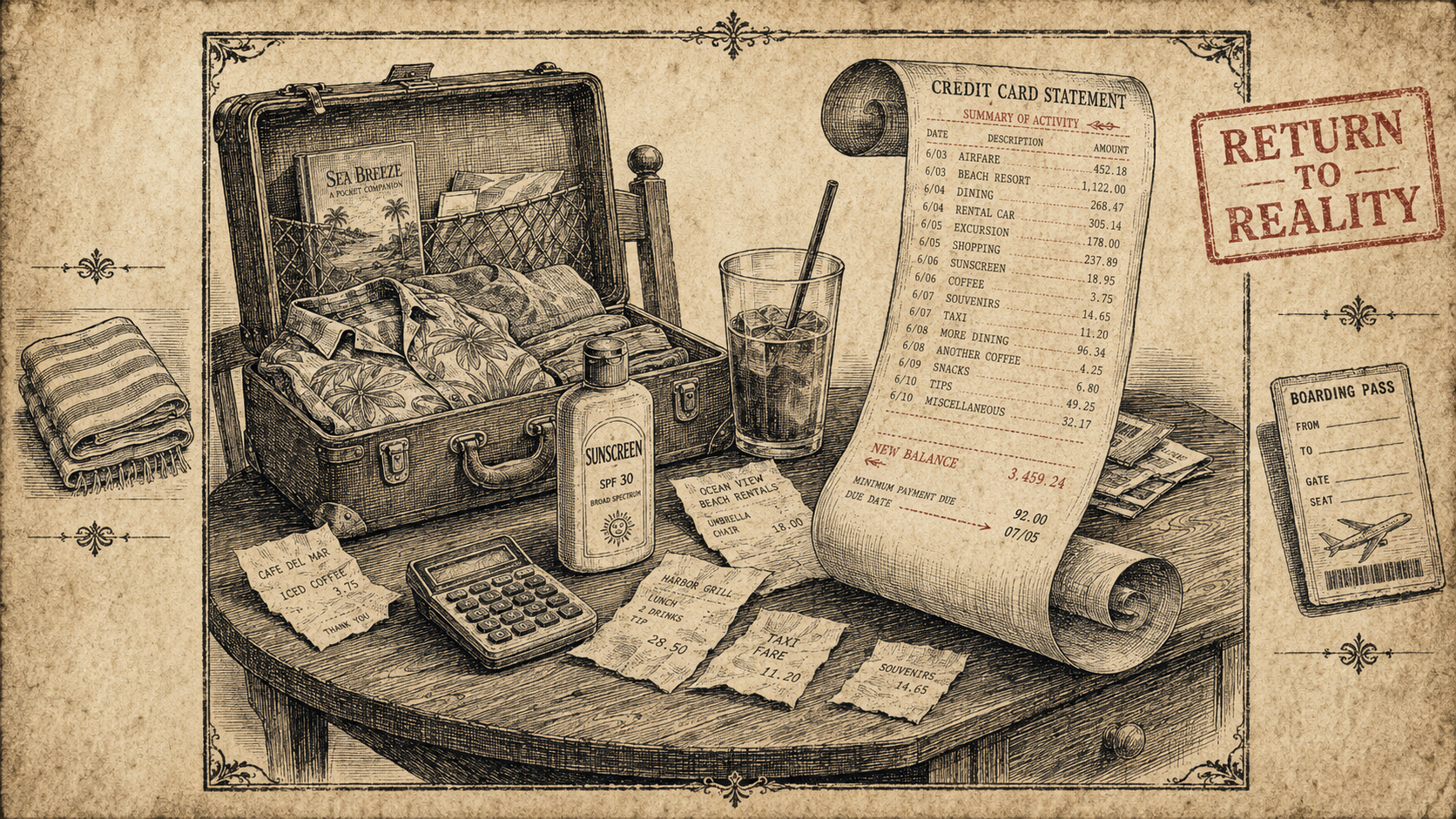 Sepia engraving of an open suitcase beside a long credit-card statement scroll itemizing vacation charges, stamped "Return to Reality" with a new balance of $3,459.24