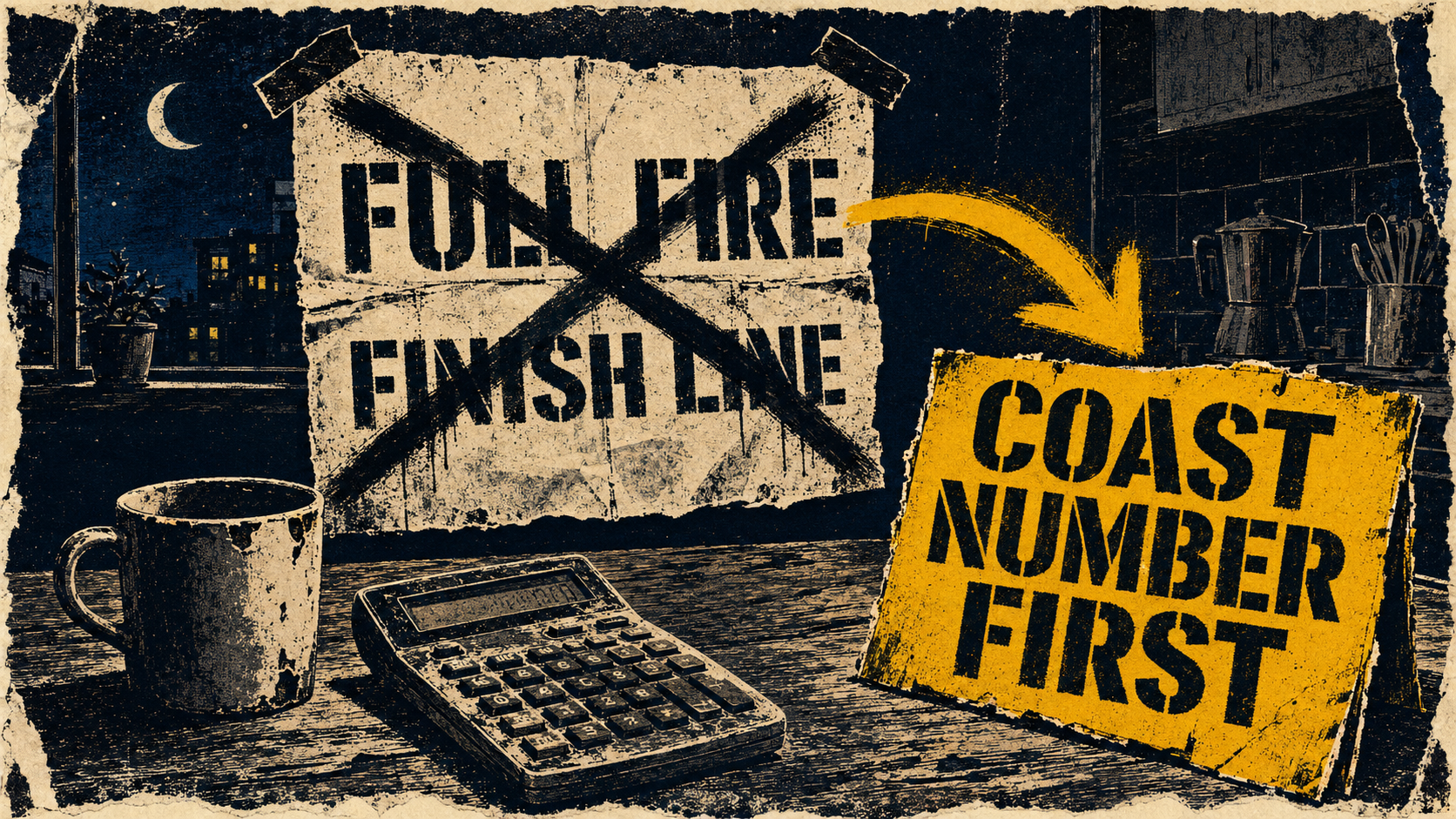 Stencil-style night kitchen where a taped-up sign reading "Full FIRE finish line" is crossed out, a yellow arrow pointing instead to a card reading "Coast number first" beside a calculator and chipped mug