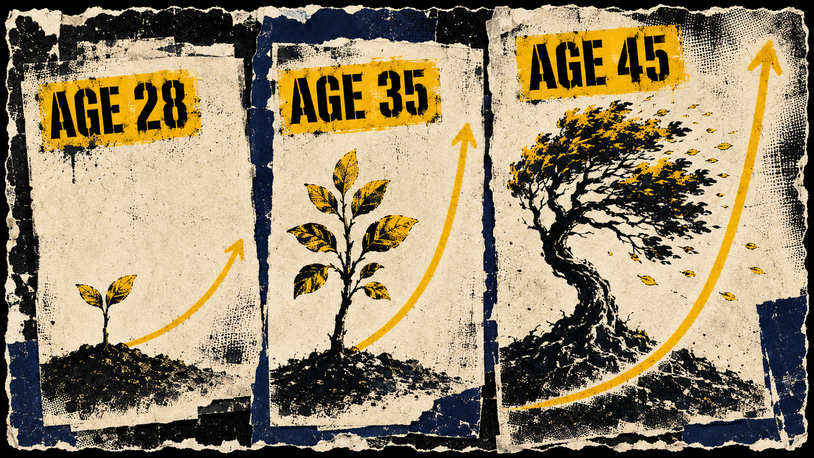 Three torn-paper panels labeled Age 28, Age 35, and Age 45 showing a seedling, a leafy sapling, and a windswept mature tree, each with a progressively steeper yellow growth curve