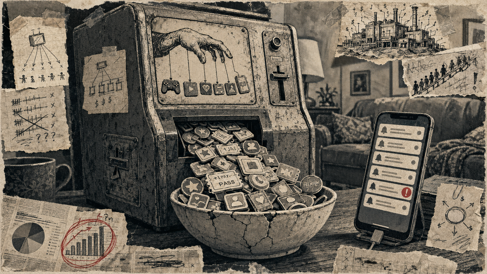 Engraved token machine with a puppeteer hand on its screen pouring app-icon tokens marked "Pay pass" and "Premium" into a cracked bowl, beside a phone stacked with notification banners