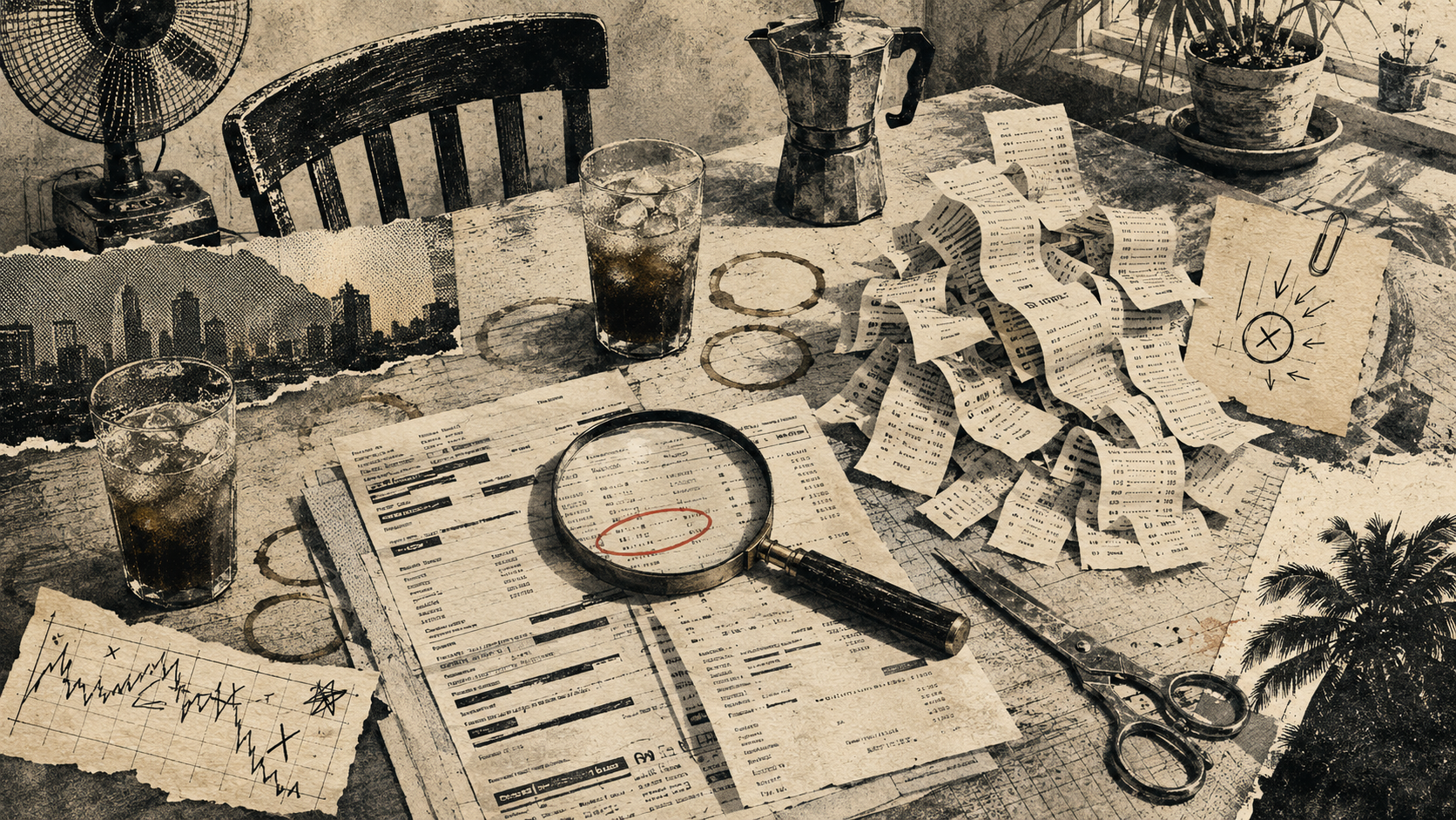 Sepia collage of a table covered in curling receipts and a bank statement under a magnifying glass with one line circled in red, flanked by iced drinks, a moka pot, and scissors