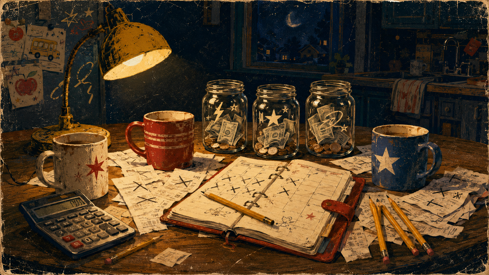 Warm lamplit night kitchen with three mason jars of cash, an open planner with days crossed off, star-patterned mugs, pencils, and a calculator on a round wooden table