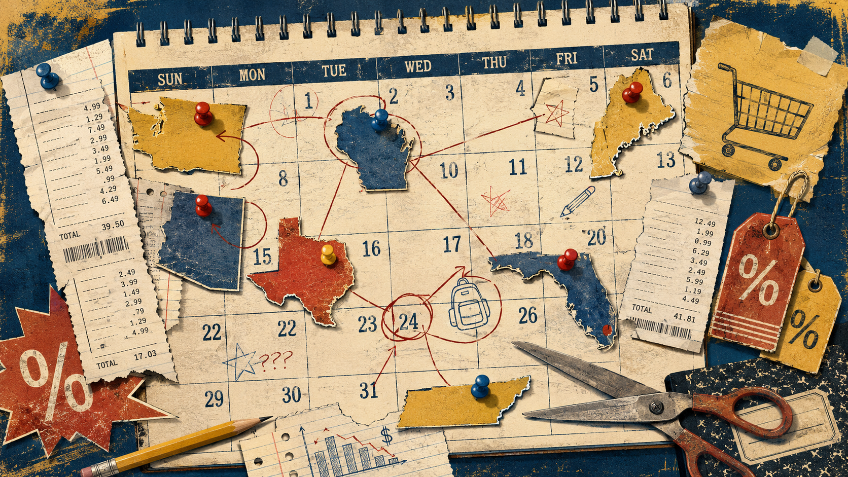 Collage of a wall calendar with paper cutouts of U.S. states pinned to different dates, register receipts, percent-sign sale tags, scissors, and a backpack doodle circled on the 24th