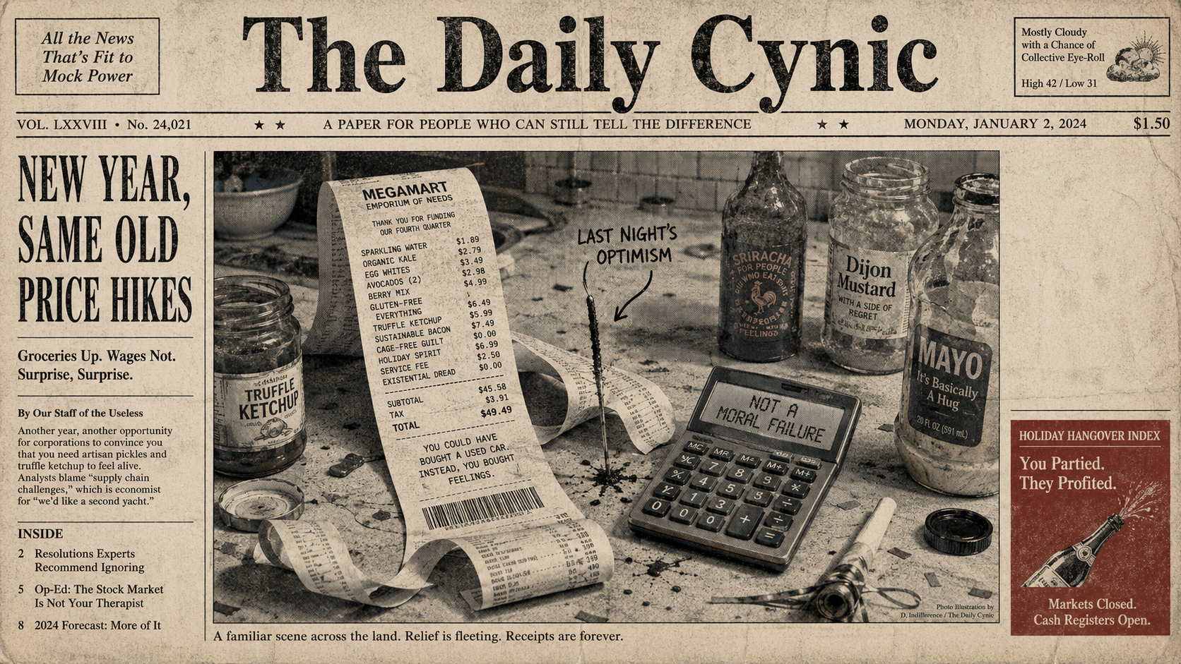 Faded broadsheet-style illustration of a messy post-holiday kitchen counter with a curling grocery receipt, cold sparkler, empty condiment bottles, and a calculator reading “Not a Moral Failure.”