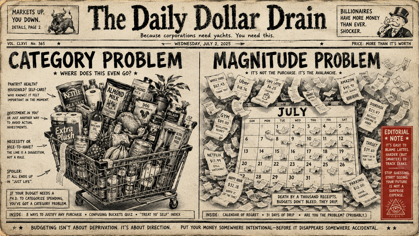Faded broadsheet-style budgeting infographic comparing a category problem and a magnitude problem, with an overflowing grocery cart on one side and receipts falling over a July calendar on the other.