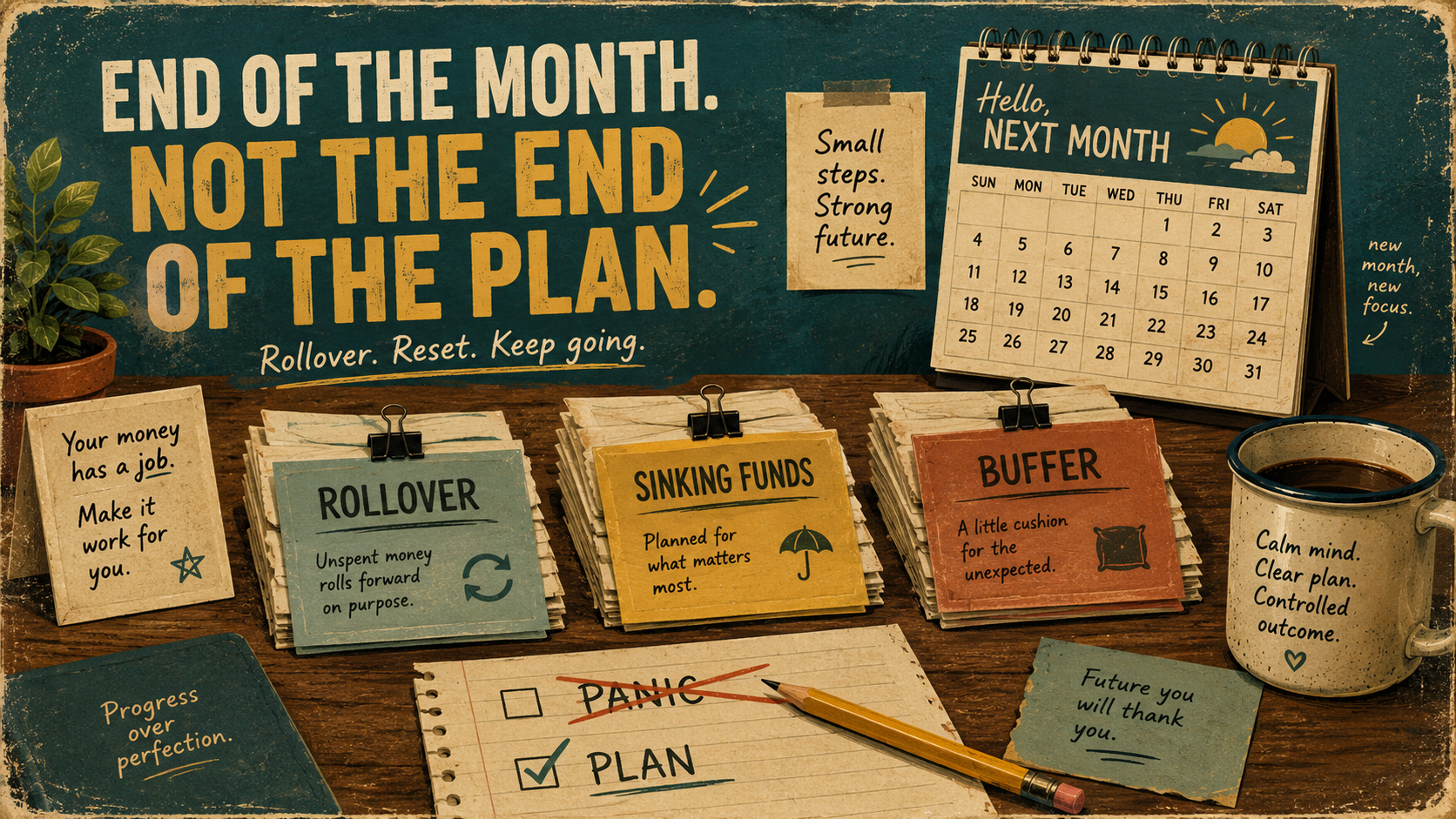 Retro editorial poster of an end-of-month budget desk with labeled piles for rollover, sinking funds, and buffer, a next-month calendar, and a checklist crossing out panic in favor of plan.