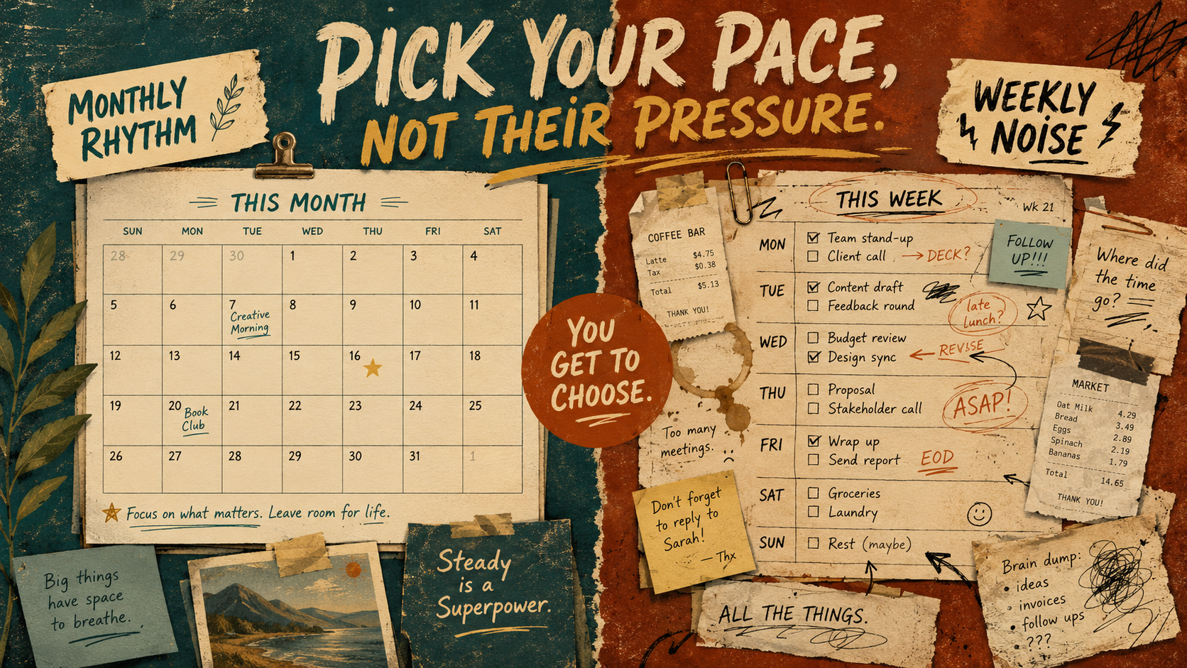 Retro editorial poster comparing a calm monthly budget calendar with a chaotic weekly checklist covered in receipts, arrows, and coffee rings.