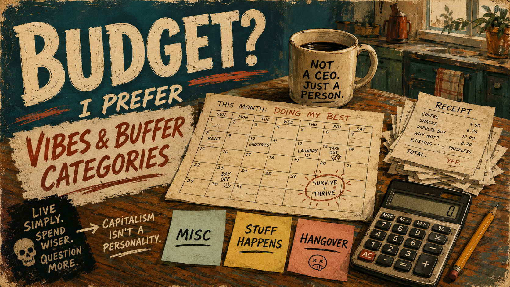 Retro poster of a kitchen table budget plan with calendar, receipts, coffee, calculator at zero, and buffer notes for misc, stuff happens, and hangover.