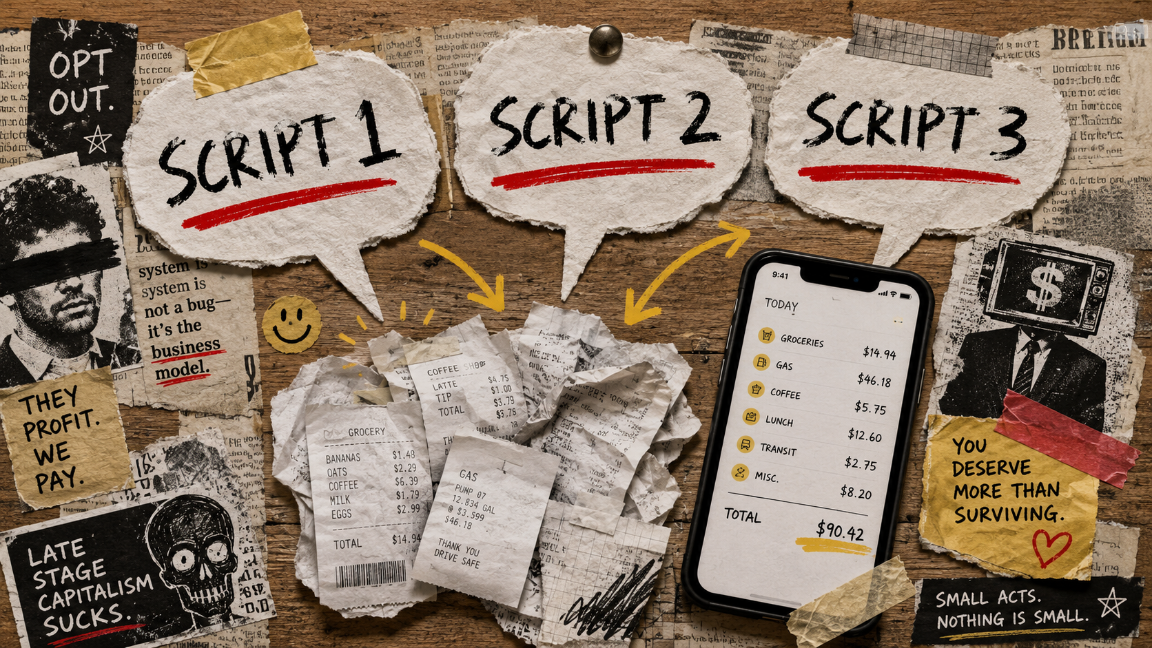 DIY zine collage of three budgeting scripts above receipts and a phone spending list, with red underlines, yellow arrows, tape scraps, and marker notes.