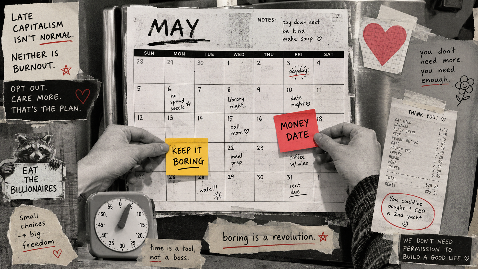 DIY zine collage of a fridge calendar with hands placing Money Date and Keep It Boring sticky notes, plus a kitchen timer, grocery receipt, and paper heart.