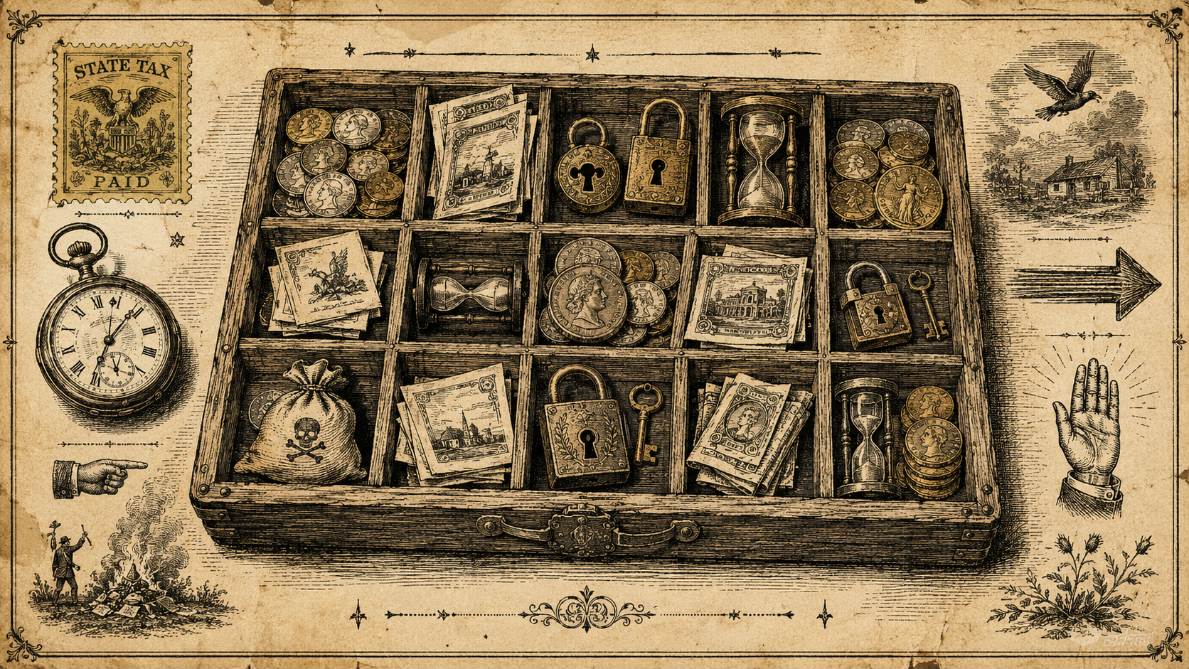 19th-century almanac woodcut of a sorting tray with coins, bank slips, padlocks, and hourglasses, illustrating cash storage and money decision options.