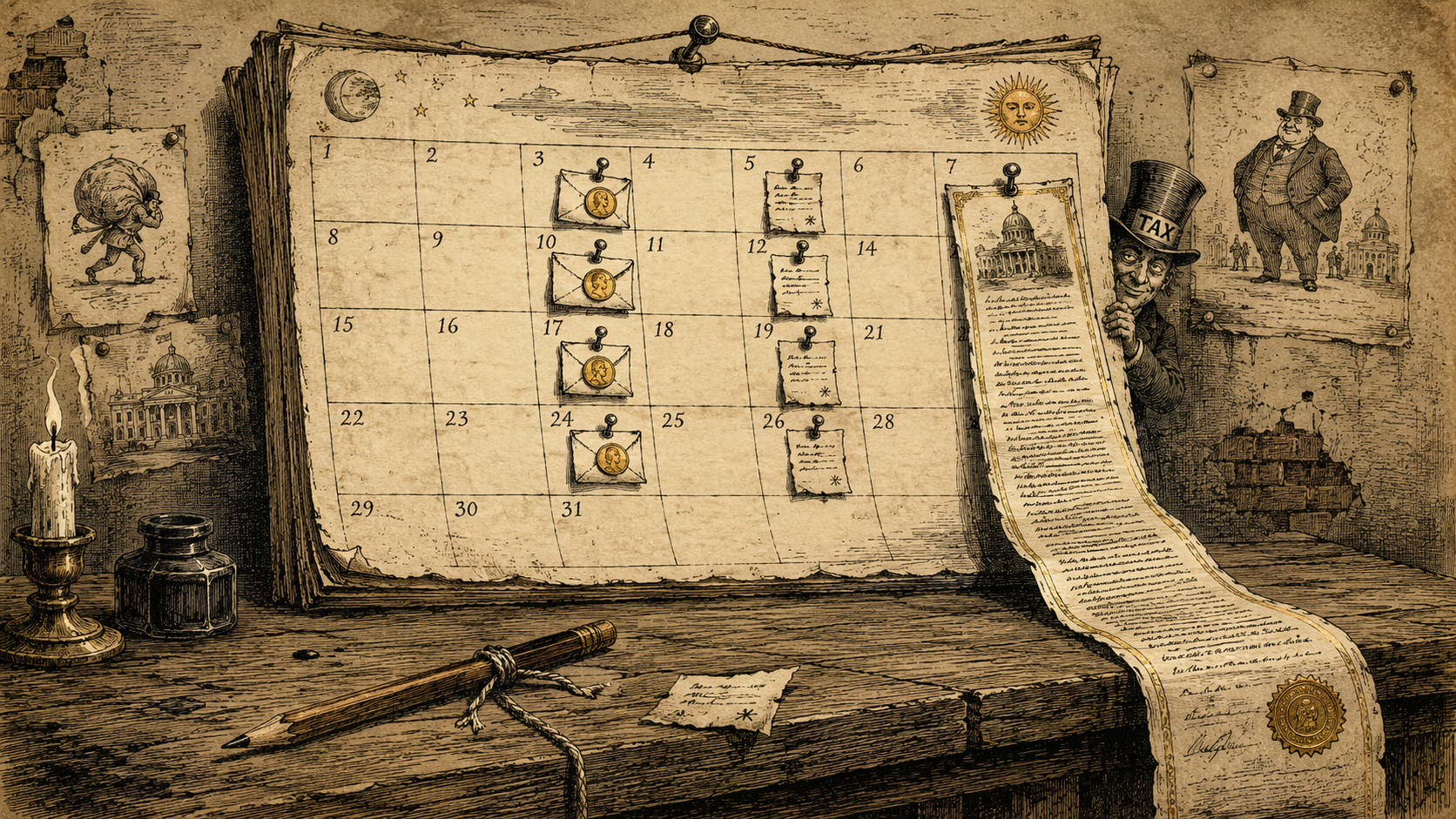 19th-century almanac woodcut of a wall calendar with pinned coin envelopes, a tied pencil, and a long bond scroll, illustrating cash timing, maturity dates, and tax planning.