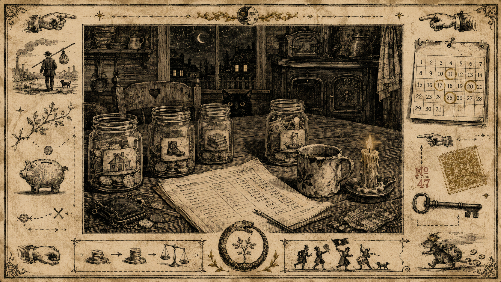 19th-century almanac woodcut of cash jars, a bank statement, candle, mug, key, tax stamp, and circled dates on a night kitchen table.