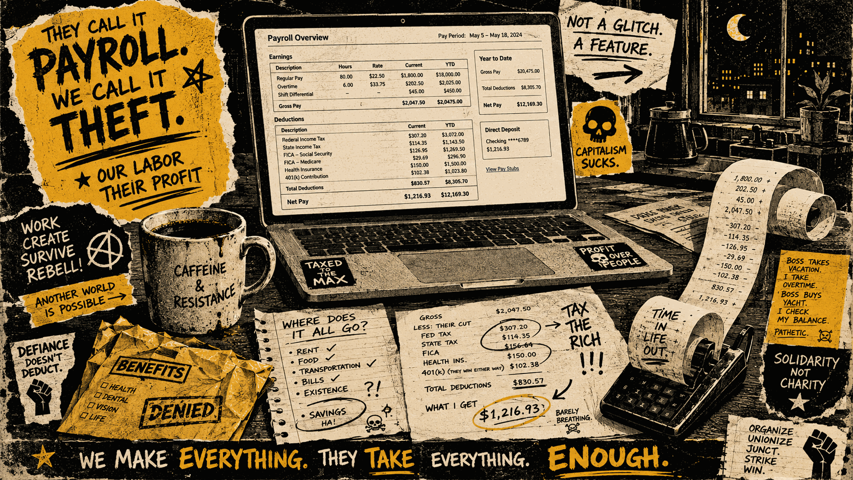 Night kitchen-table scene with a laptop open to a payroll overview, a mug stamped "Caffeine & Resistance," a receipt tape of deductions, handwritten notes asking "Where does it all go?," and stenciled slogans like "They call it payroll. We call it theft."