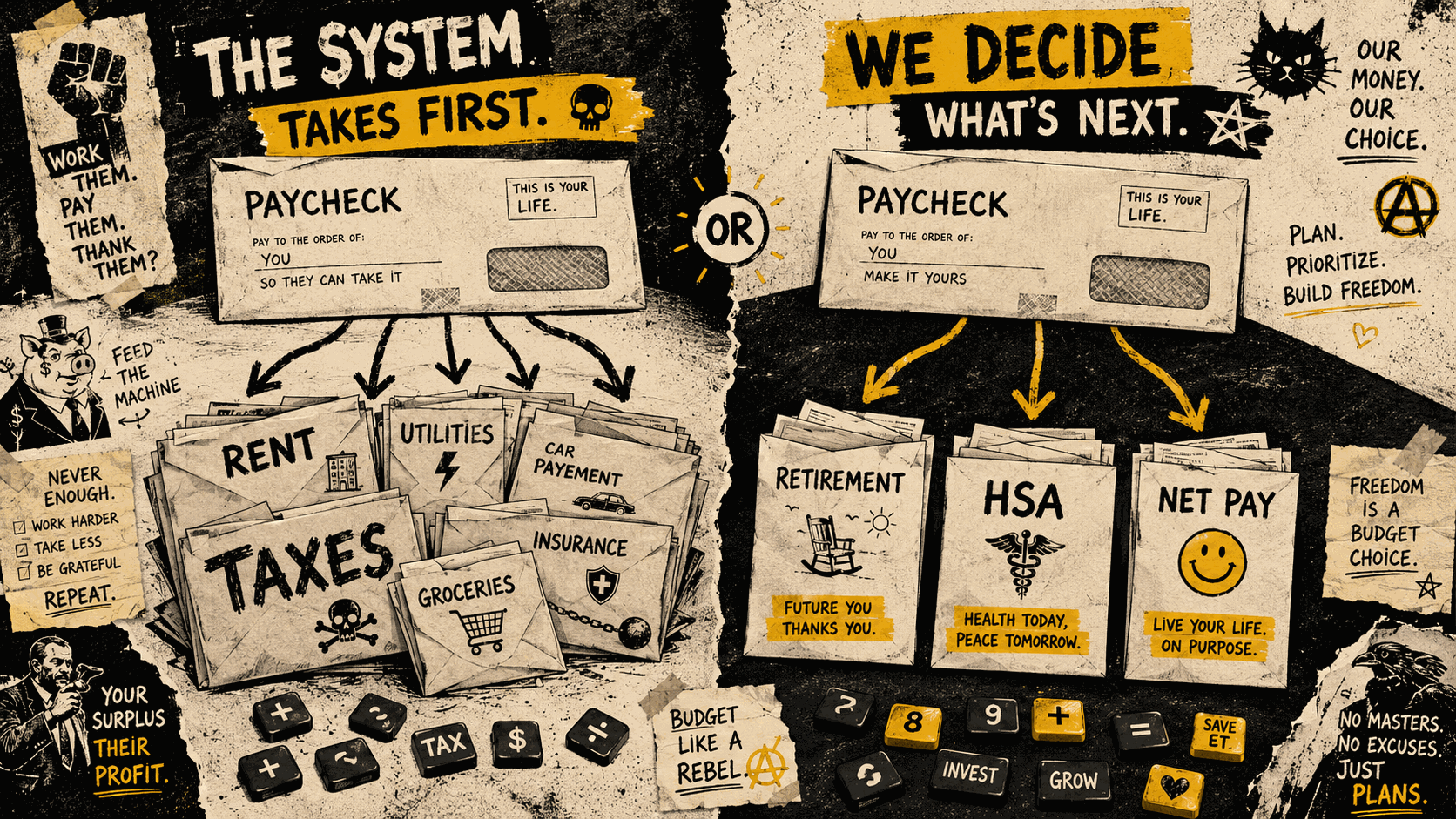 Split poster contrasting two paychecks: the left side labeled "The system takes first" funnels into envelopes for taxes, rent, and utilities, while the right side labeled "We decide what's next" splits into retirement, HSA, and net pay envelopes.