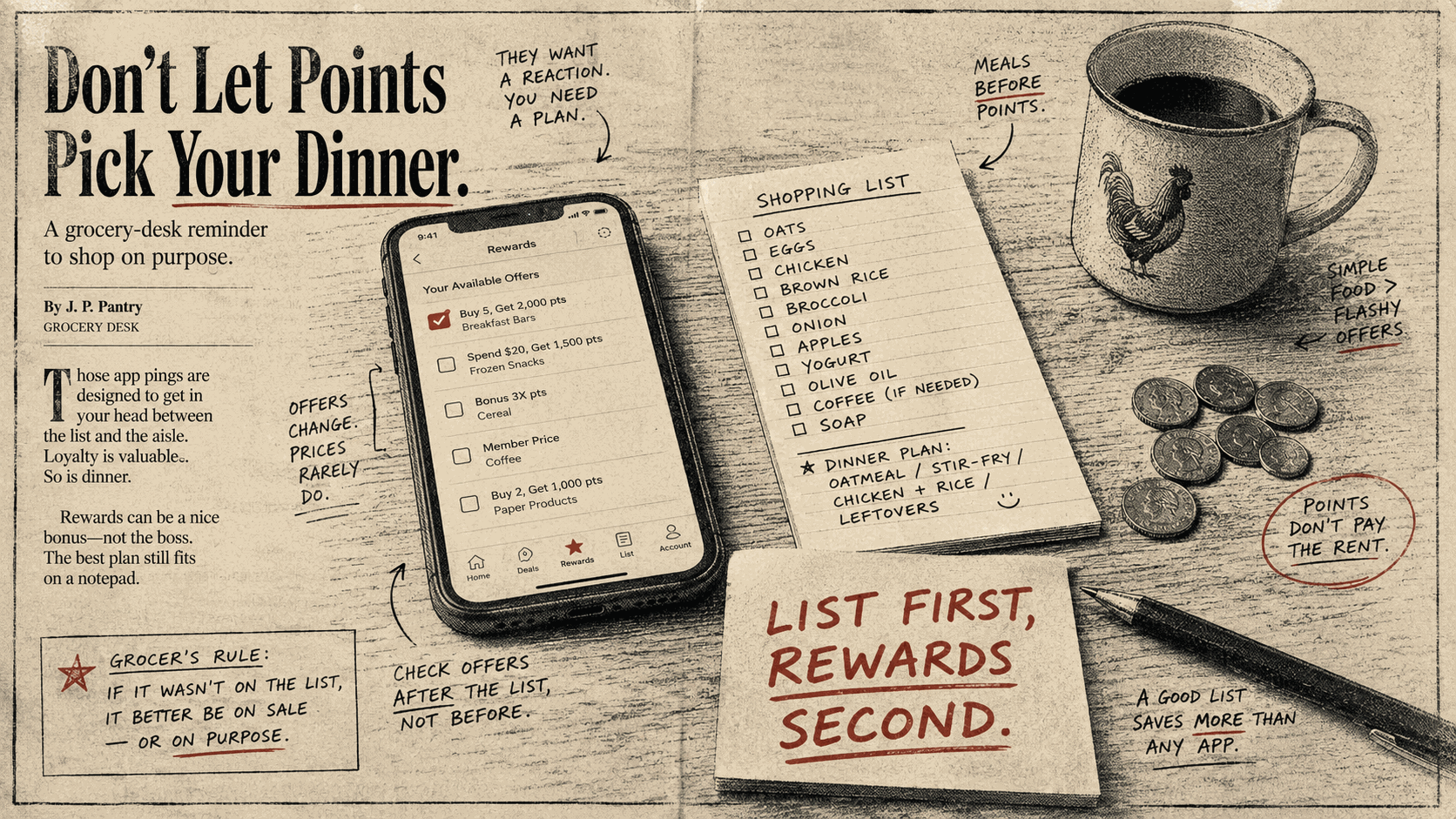 Grocery-desk illustration titled "Don't Let Points Pick Your Dinner" with a phone full of rewards offers next to a handwritten shopping list, scattered coins, a rooster mug, and a red note insisting "List first, rewards second."