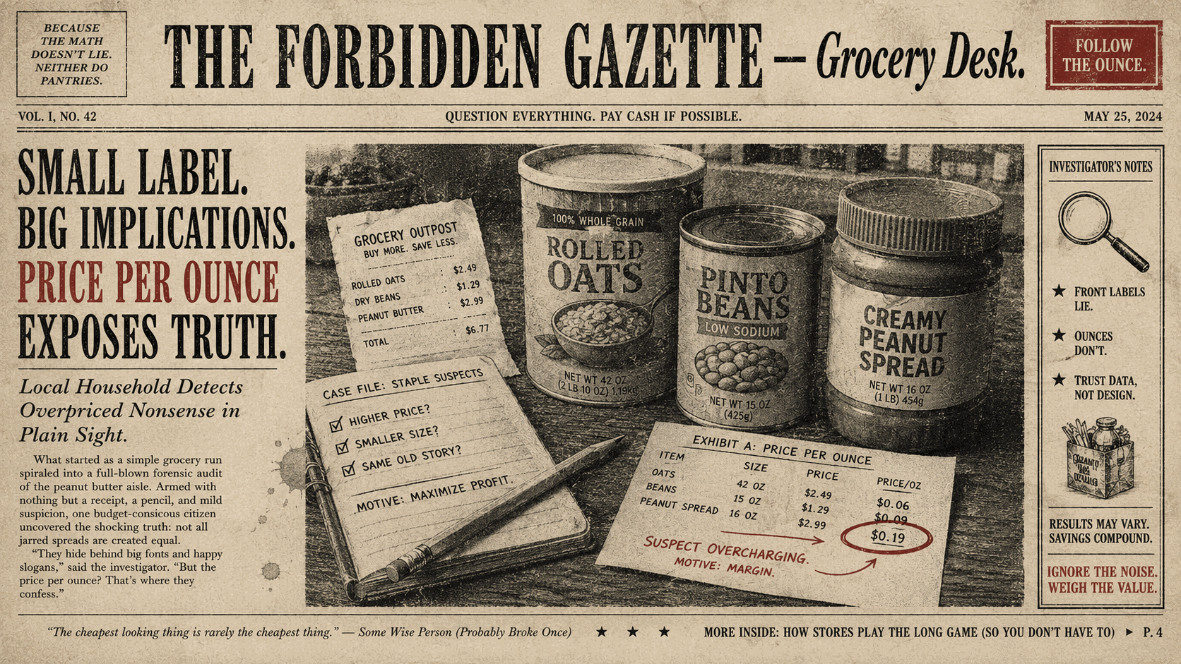 Gazette-style spread headlined "Small label. Big implications. Price per ounce exposes truth." showing rolled oats, pinto beans, and peanut spread behind an evidence table of price-per-ounce math with "suspect overcharging" circled in red.