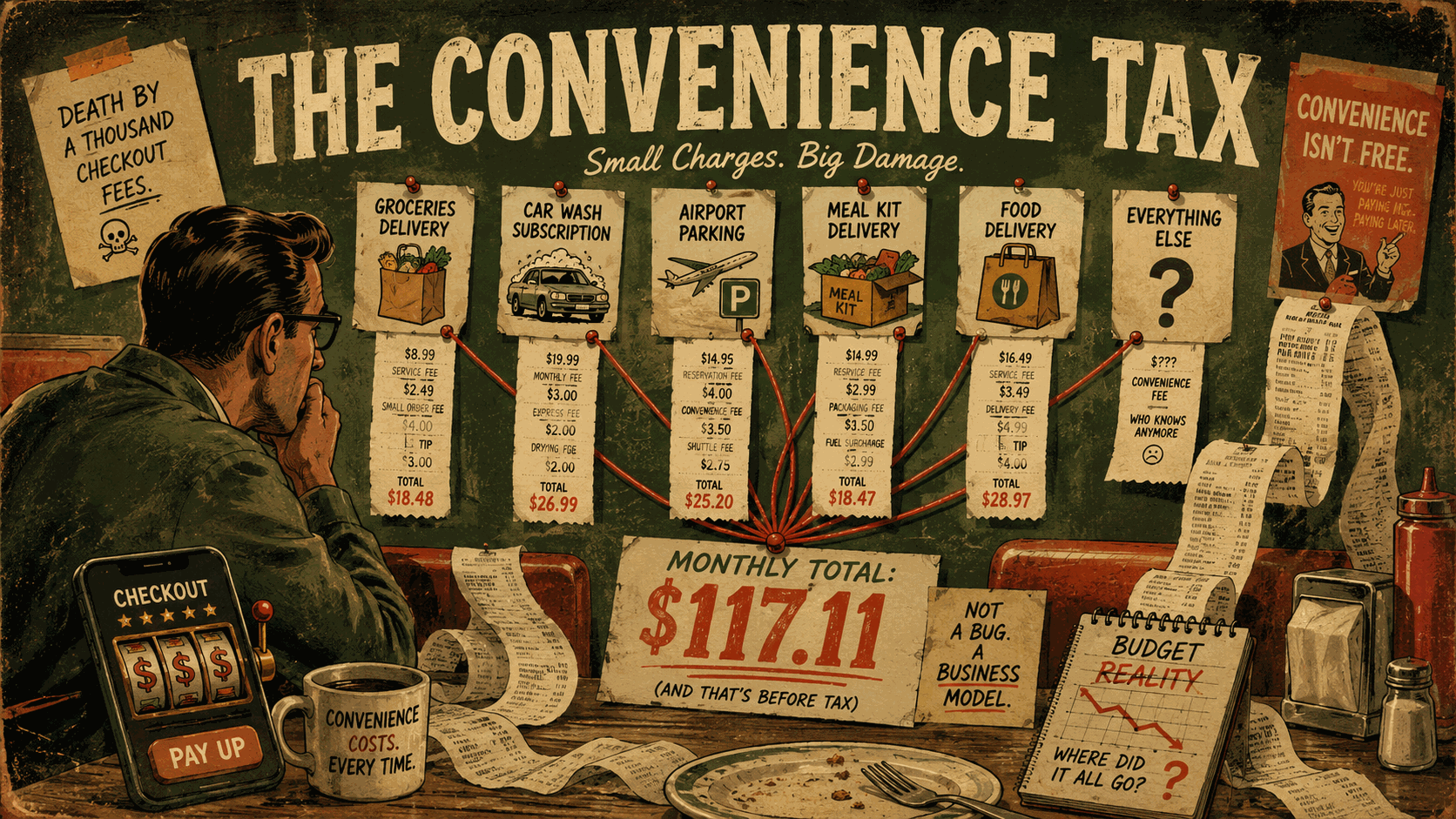 Audit board titled "The Convenience Tax — small charges, big damage" where receipts for groceries delivery, car wash, airport parking, meal kits, and food delivery connect by red string to a circled monthly total of $117.11 as a man stares at it over dinner.